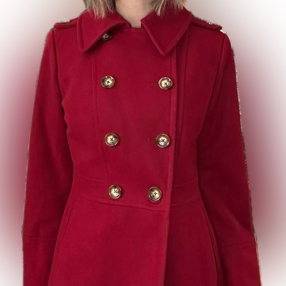 EUC Michael Kors Military-Style Wool Blend Double Breasted Peacoat | Red | Small